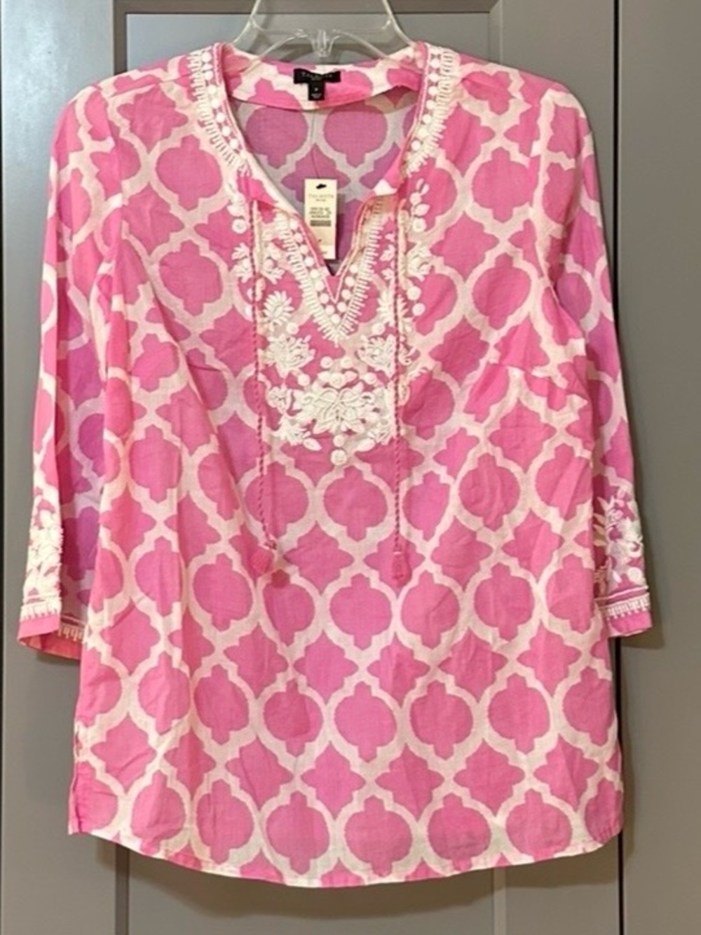 Talbots Embroidered Beaded Tunic Tie Neck Top Cotton Pink/White Women’s S/P NWT